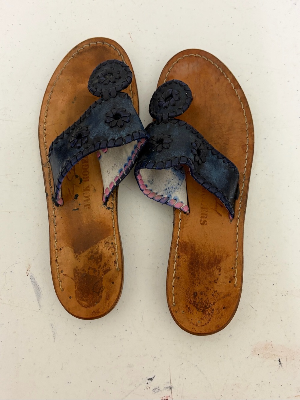 Jack Rogers Navy Leather Whipstitch Thong Sandals with Floral Medallion